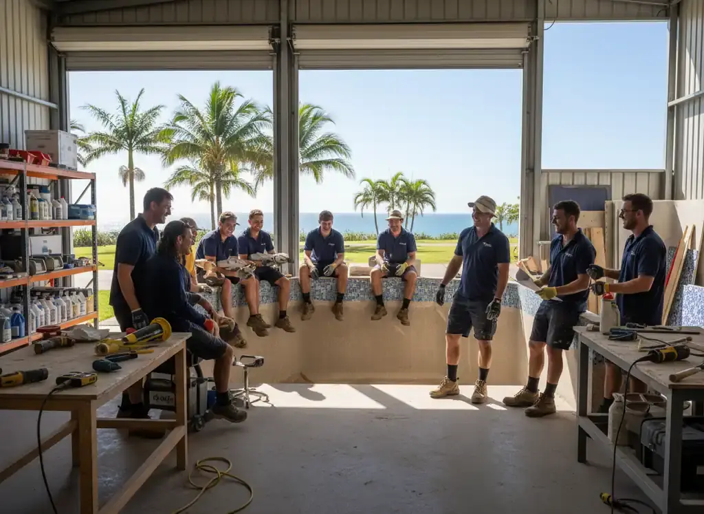 pool builders gold coast: Workers seated on a tiled wall section in a shed with workbenches and tools