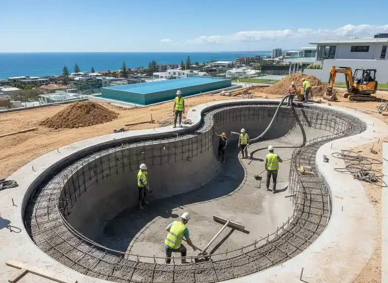 pool builders gold coast: Workers placing concrete into a curved pool shell with steel reinforcement mesh