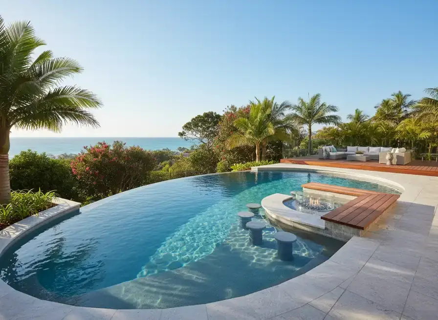 pool builders gold coast: Pool with submerged stools, fire bowl, timber bench and stone coping at dusk