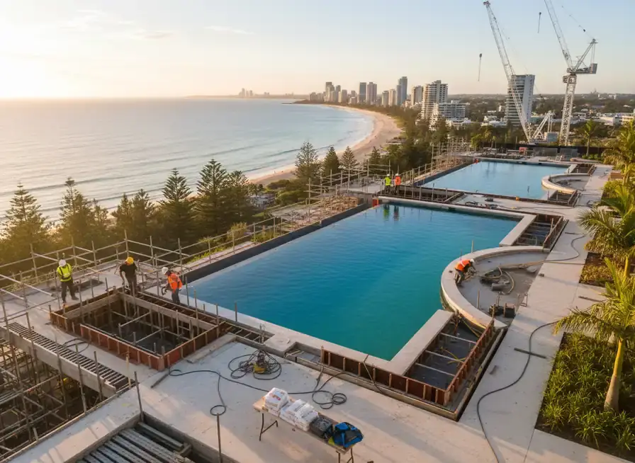 pool builders gold coast: Large pool shell under construction with scaffolding and formwork, beach and cranes behind