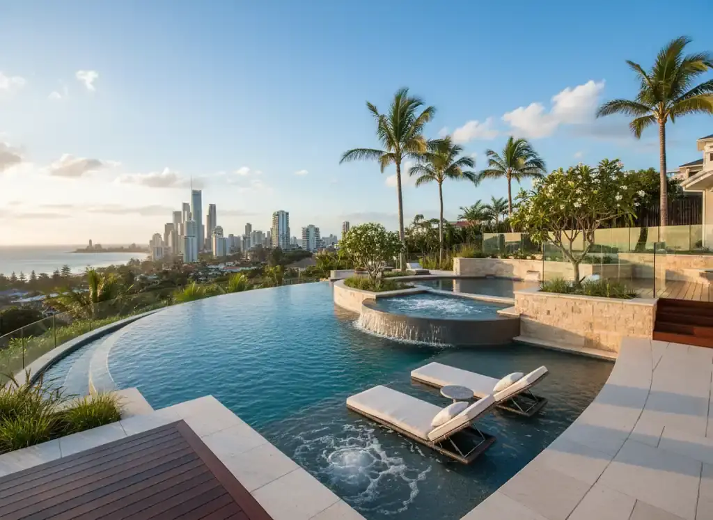 pool builders gold coast: Infinity-edge pool with sun loungers, tiered spa waterfall and city skyline view