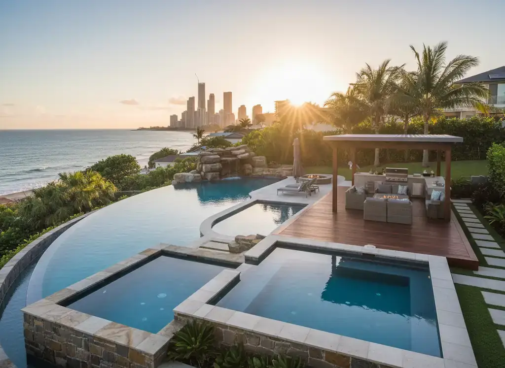 pool builders gold coast: Pool with two spas, timber deck, pergola and outdoor kitchen at sunset