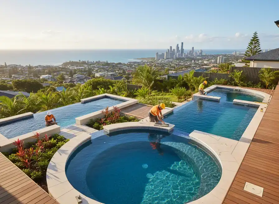 pool builders gold coast: Small plunge and spa pools on a hillside, with workers in hi-vis finishing the edges