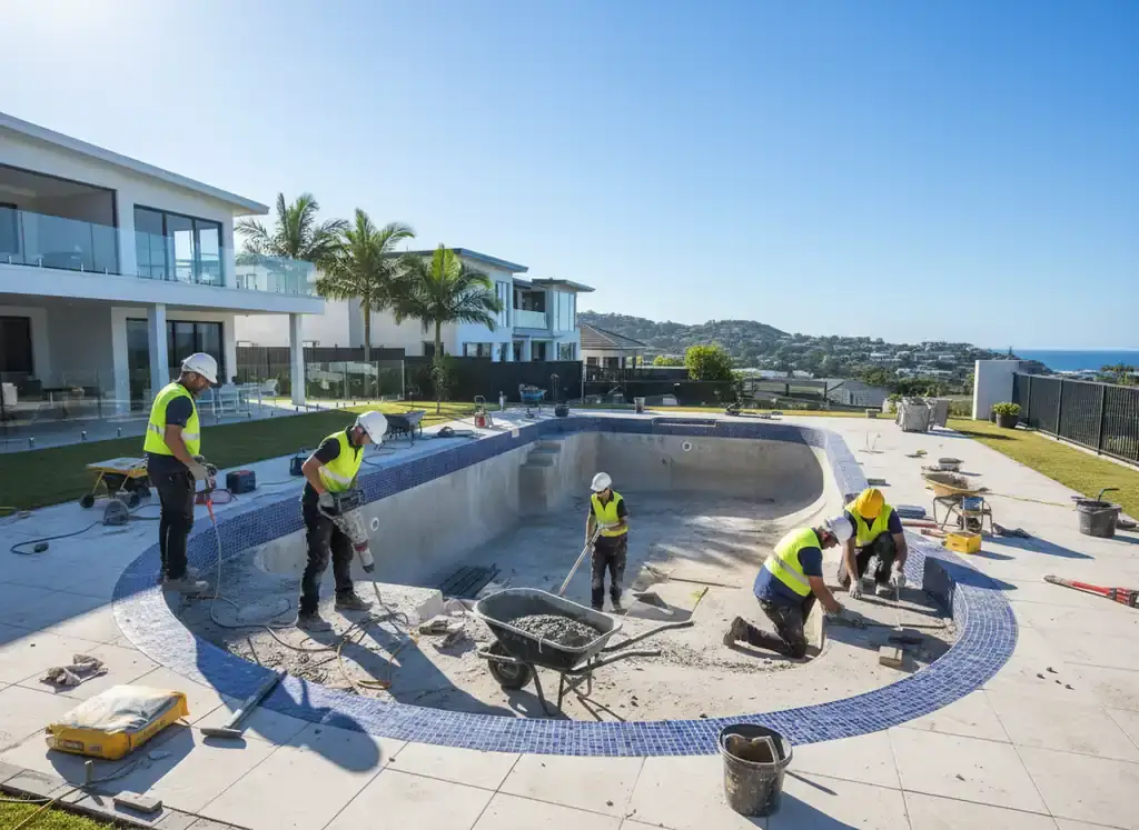 pool builders gold coast: Pool renovation with blue mosaic tile border, workers with jackhammer and wheelbarrow